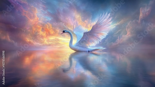 A majestic white swan with spread wings glides across a calm lake, reflecting the vibrant colors of a magical sunset sky. photo