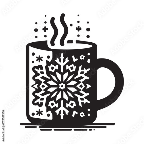 Cozy up with a warm drink in this festive snowflake mug. Black and white illustration of a mug with a large snowflake design.