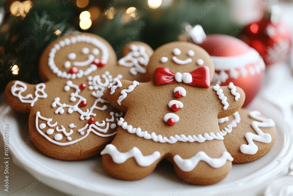 Close up of intricately decorated gingerbread cookies with white icing designs surrounded by festive holiday lights and warm cozy seasonal elements Close up of intricately decorated gingerbread cookies with white icing designs surrounded by festive holiday lights and warm cozy seasonal elements