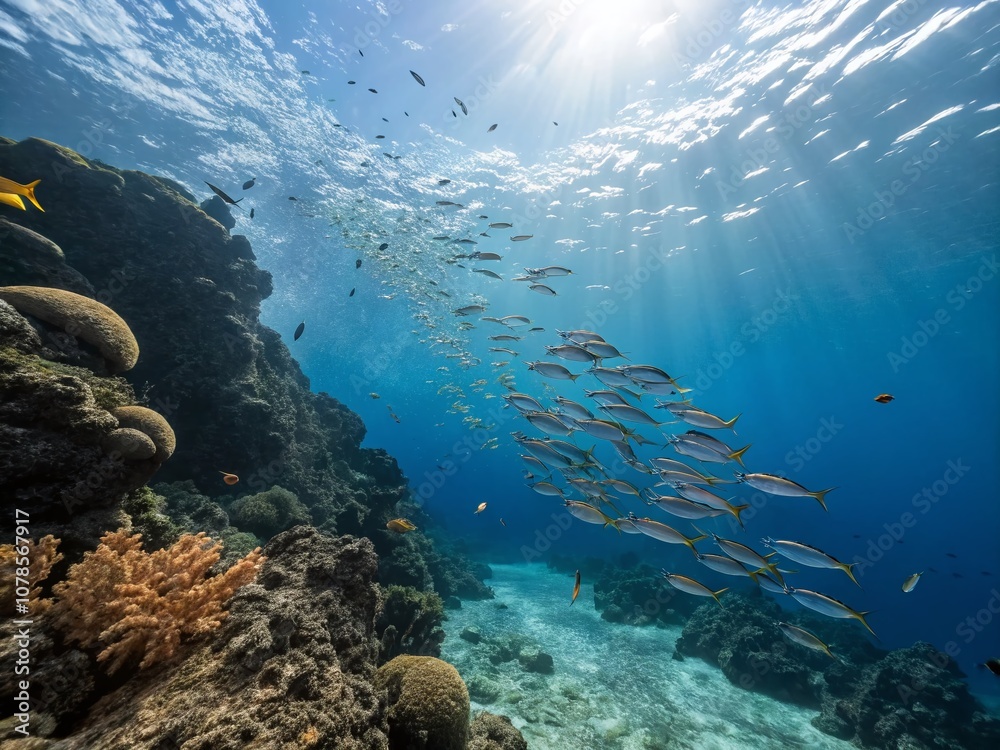 Fototapeta premium Panoramic View of School of Fish Swimming Over Ocean Ridge in Mexico's Vibrant Marine Ecosystem
