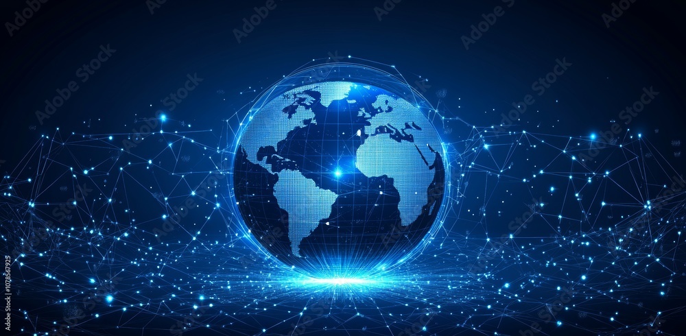 An abstract blue futuristic globe illustrates an abstract digital economy with circuits surrounding it. Digital innovation and technology concepts are illustrated in this image. An abstract blue futuristic globe illustrates an abstract digital economy with circuits surrounding it. Digital innovation and technology concepts are illustrated in this image.