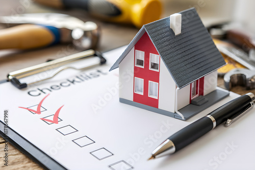 Close-Up of Checklist with Red Checkmarks and House Model