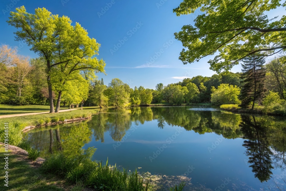 Panoramic View of Tranquil Pond Mirroring Lush Trees and a Bright Sky, Capturing the Serenity of Nature in a Picturesque Landscape Scene Panoramic View of Tranquil Pond Mirroring Lush Trees and a Bright Sky, Capturing the Serenity of Nature in a Picturesque Landscape Scene