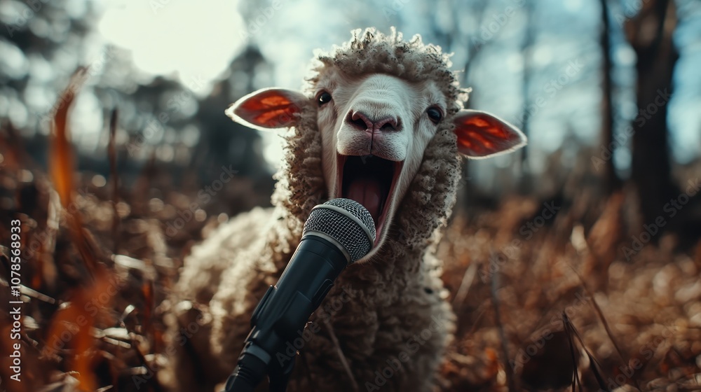 Obraz premium A sheep stands in a natural setting, appearing to vocalize into a microphone, capturing a humorous and lively moment full of personality and pastoral charm.