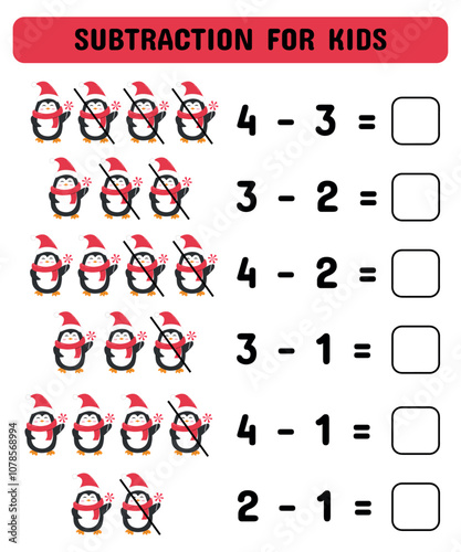 Subtraction game with Christmas penguins. Mathematical game for preschool and kindergarten. Printable sheet