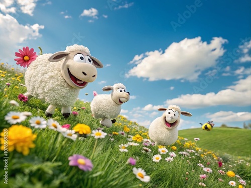 Playful Cartoon Sheep Frolicking in a Colorful Pasture Surrounded by Flowers and a Bright Blue Sky, Perfect for Illustrating Whimsy and Joy in Children's Themes photo