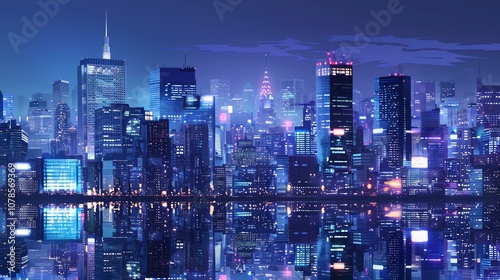 A stylized futuristic cityscape at night with a large, bright sun in the background.