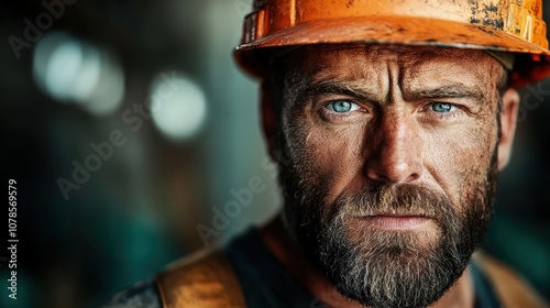 An intense construction worker with a prominent beard gazes seriously while framed in an industrial backdrop, with an orange hard hat and rugged appearance.