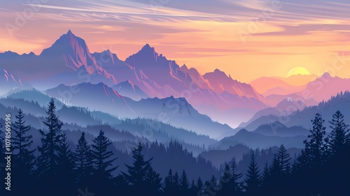 An illustration of a mountain range at sunset.