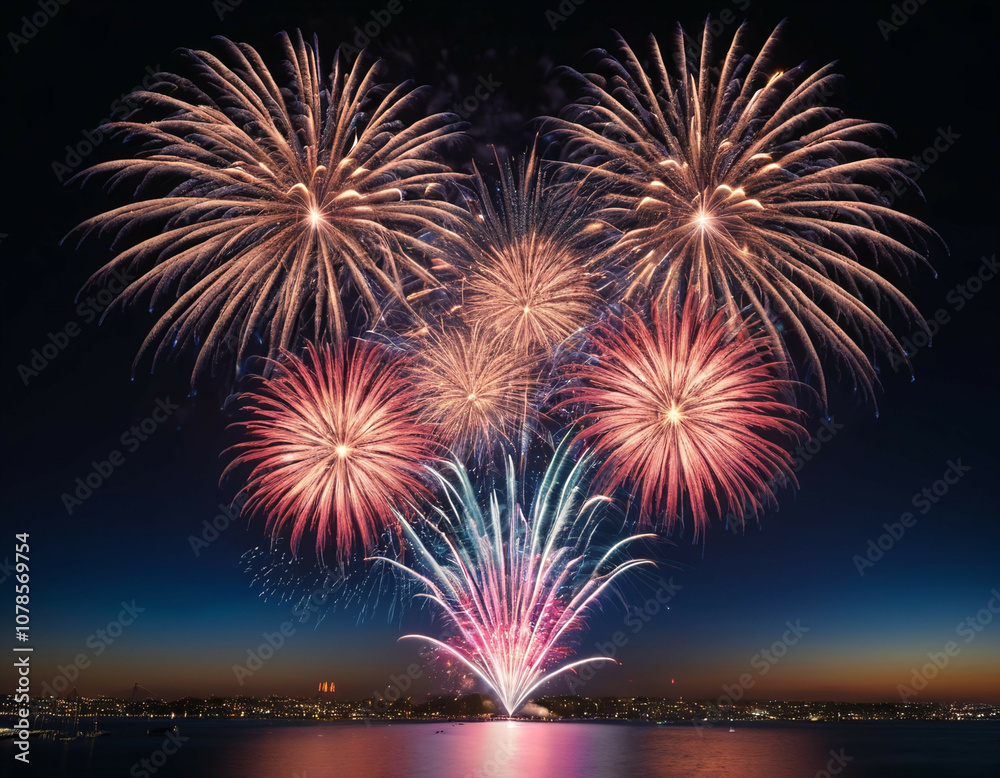 Fireworks illuminate the night sky, marking the festive celebration of the New Year, a time of joy and happiness. Fireworks illuminate the night sky, marking the festive celebration of the New Year, a time of joy and happiness.