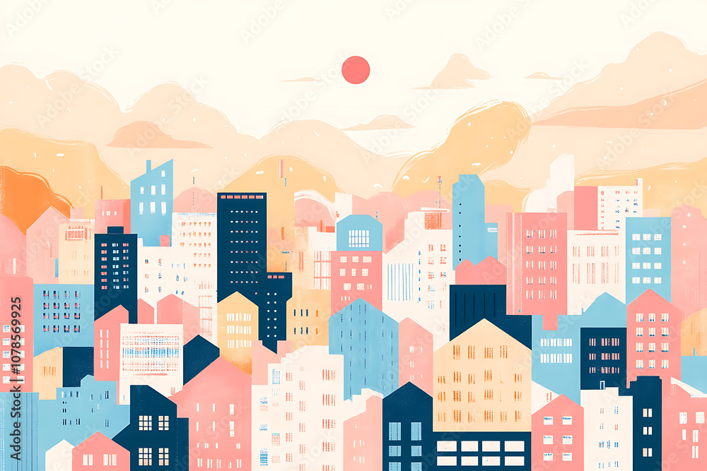 Colorful city skyline at sunset with mountains in the background, showcasing modern architecture and vibrant buildings Colorful city skyline at sunset with mountains in the background, showcasing modern architecture and vibrant buildings