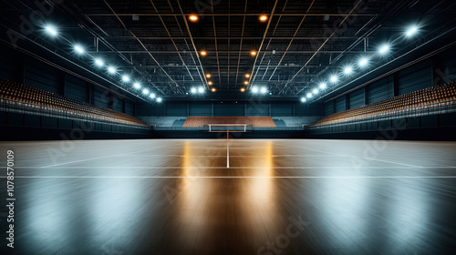 Spacious indoor sports arena with polished wooden floor and bright overhead lights, featuring multiple empty seating sections for spectators.