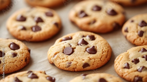 Close-up of freshly baked chocolate chip cookies on parchment paper.