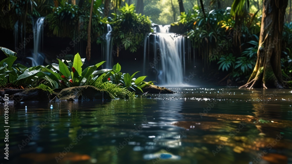 Tranquil Waterfall in a Lush Tropical Rainforest. Tranquil Waterfall in a Lush Tropical Rainforest.