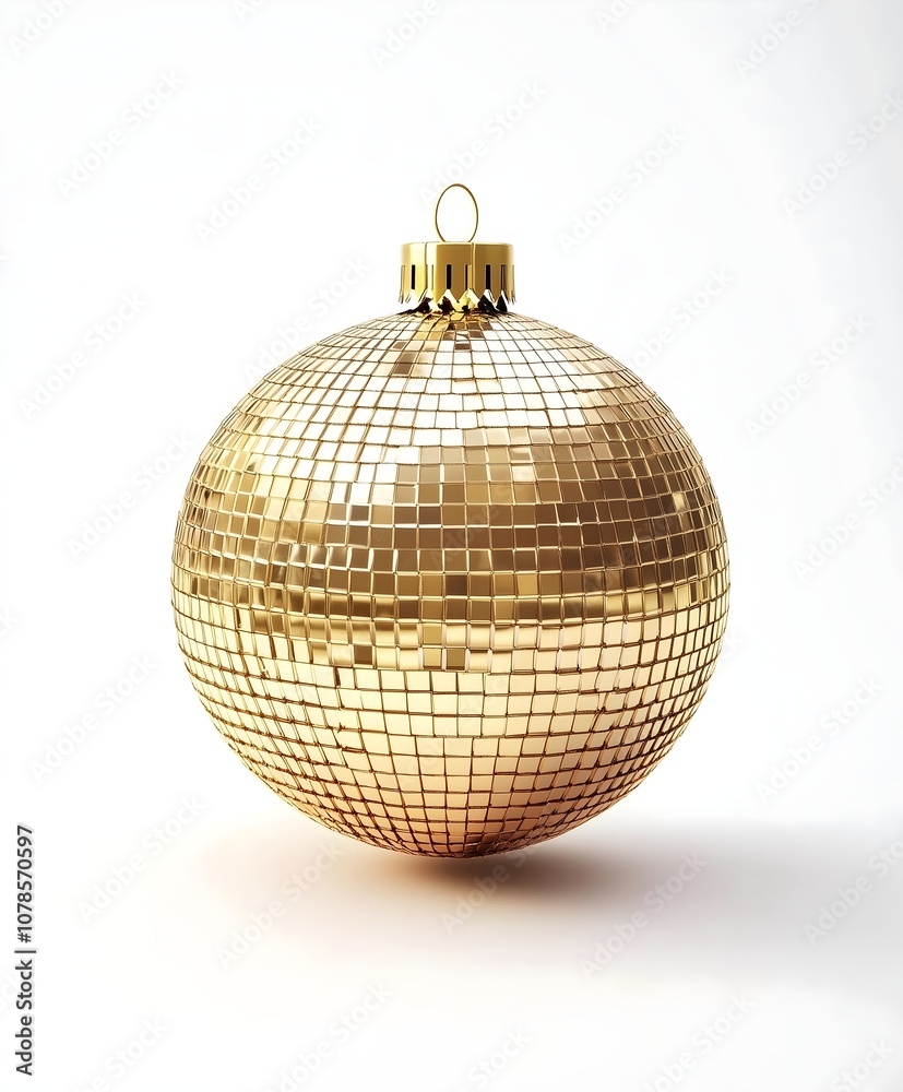Fototapeta premium Shiny Gold Disco Ball Ornament Isolated on White Background for Festive Christmas and Party Decor