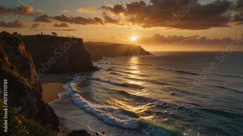 A picturesque sunset over a rocky coastline with waves crashing on the shore.