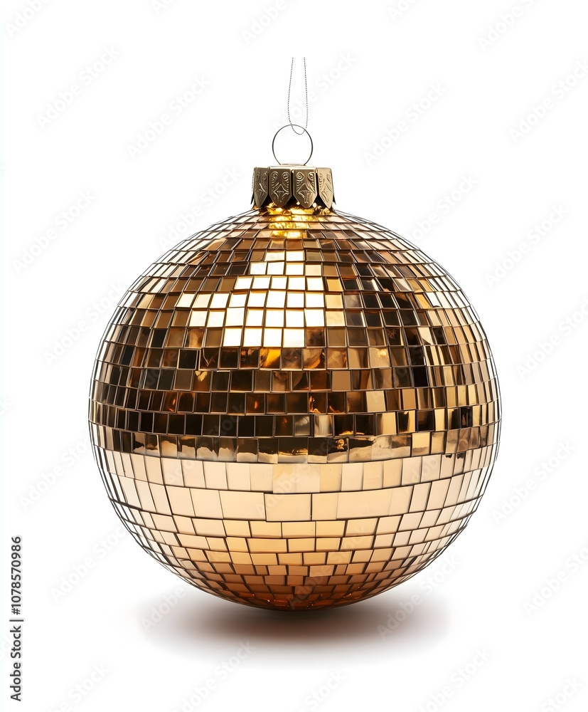 Obraz premium Shiny Gold Disco Ball Ornament Isolated on White Background for Festive Christmas and Party Decor