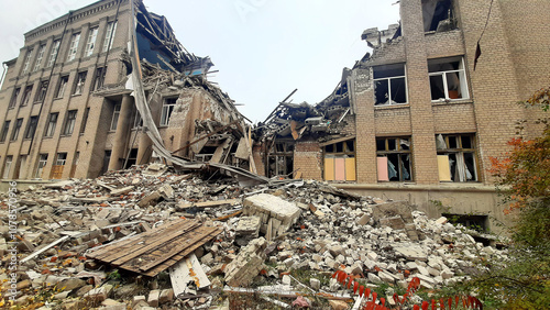 destroyed and burned houses in the city during the war in Ukraine. broken house, Russian-Ukrainian war. a rocket hit a school, the educational institution was destroyed. Donetsk region
