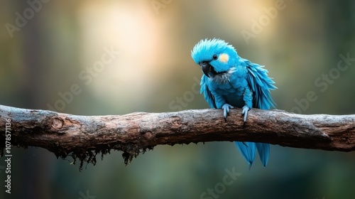 A vivid blue parrot with striking details sits gracefully on a natural branch, surrounded by a beautifully blurred background of verdant hues and soft light. photo