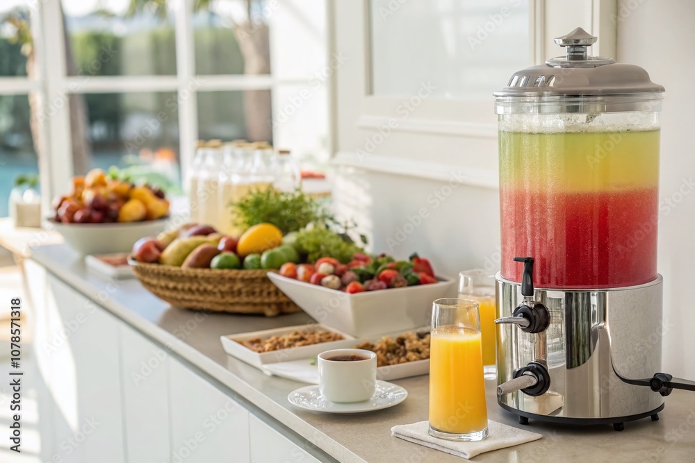 Refreshing Fruit Juice in a Water Cooler for Breakfast at a Hotel, Perfect for Guests Seeking a Healthy Start to Their Day