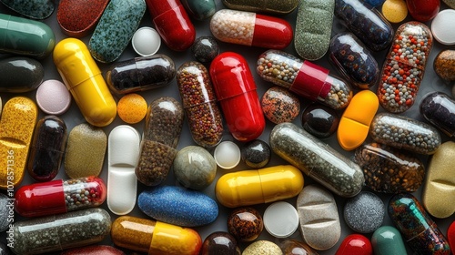 A close-up of a variety of colorful pills and capsules on a grey background.