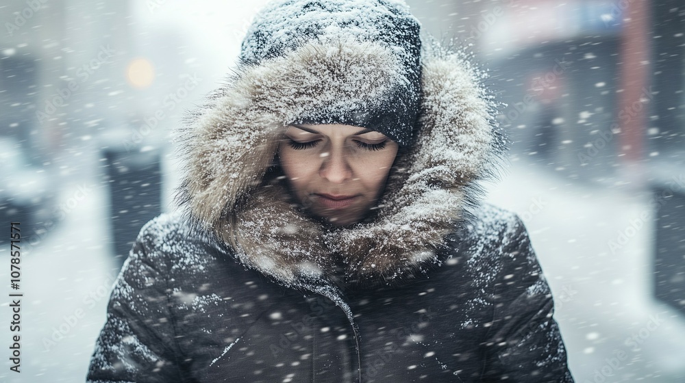 Woman wearing winter coat in city during blizzard heavy snowstorm winds. Extreme bad weather condition Woman wearing winter coat in city during blizzard heavy snowstorm winds. Extreme bad weather condition
