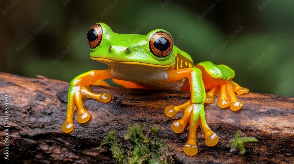 Naklejka premium A vibrant green frog perched on a tree branch in a lush rainforest setting, showcasing its striking features