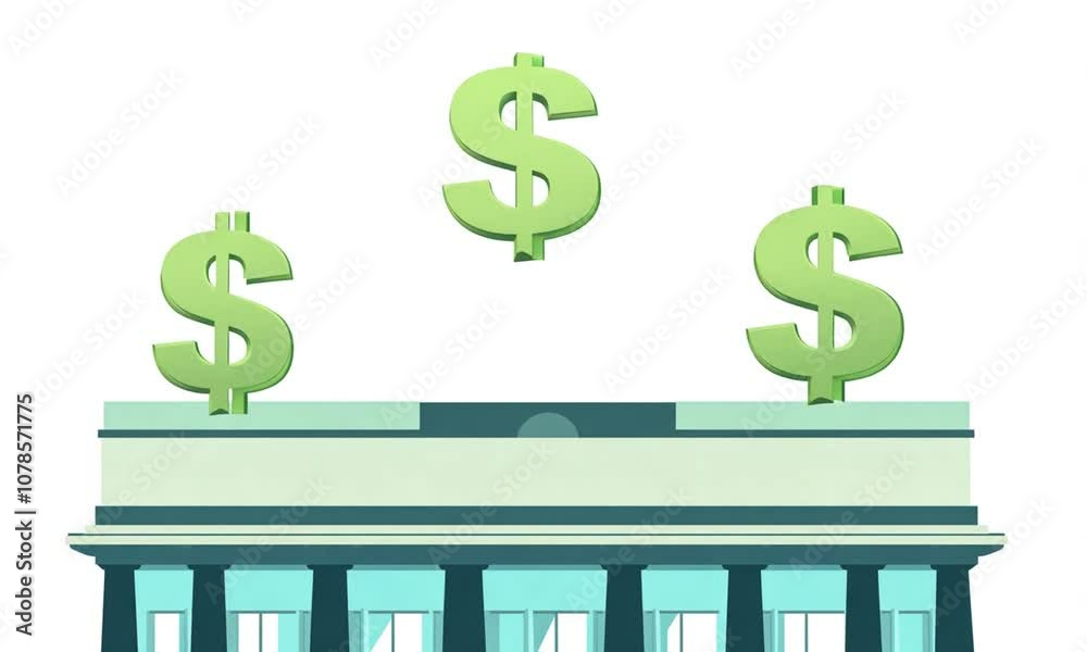 A bank building icon with dollar signs floating above it