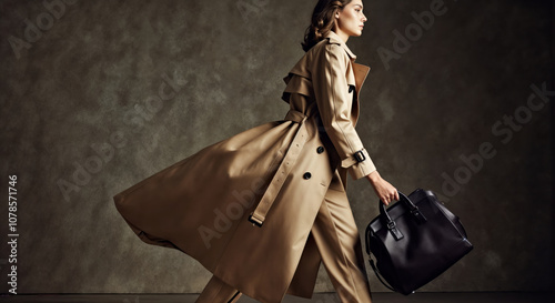Elegantly Dressed Woman in Motion: Stylish Trench Coat and Leather Bag in Modern Fashion Photography