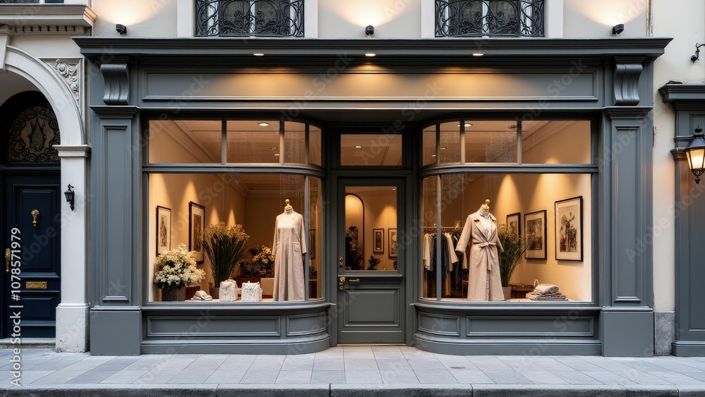 Realistic glass storefront mockup with a large blank sign area, ideal for logos in a classic boutique style.