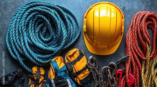 Flat lay of construction safety gear, featuring a hard hat, rope, gloves, and carabiners.