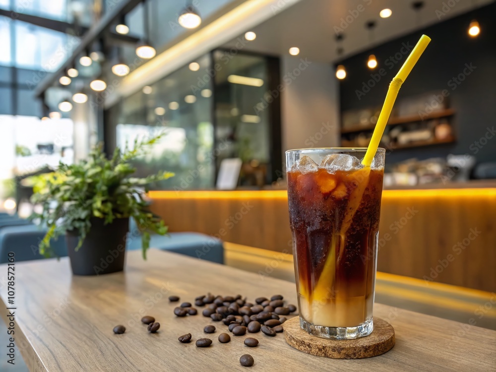 Refreshing Tonic Espresso in a Glass with a Bright Yellow Straw, Perfect for Summer Sips and Coffee Lovers' Delight in a Stylish Cafe Setting Refreshing Tonic Espresso in a Glass with a Bright Yellow Straw, Perfect for Summer Sips and Coffee Lovers' Delight in a Stylish Cafe Setting