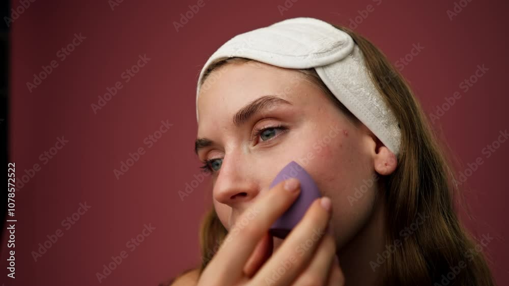 close up studio decorate pink background beautiful girl in underwear stands with purple sponge near face for makeup close up studio decorate pink background beautiful girl in underwear stands with purple sponge near face for makeup
