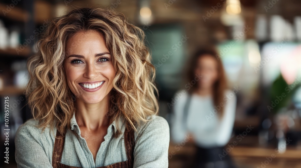 A smiling barista, wearing an apron, crosses her arms in a trendy coffee shop, showing readiness and enthusiasm to serve customers with a positive mindset. A smiling barista, wearing an apron, crosses her arms in a trendy coffee shop, showing readiness and enthusiasm to serve customers with a positive mindset.