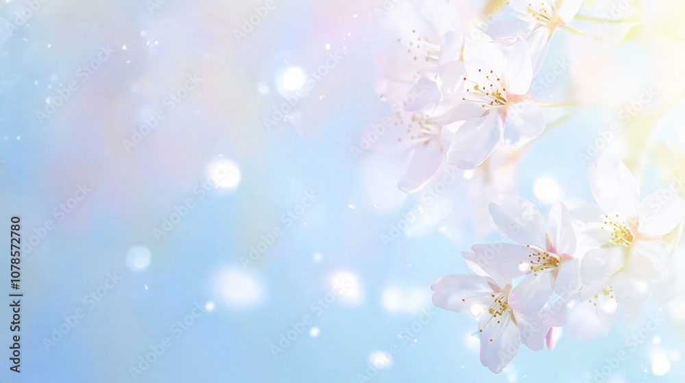 Delicate White Flowers Blossom Against a Soft Blue Background, Capturing the Essence of Springtime Tranquility in a Serene Outdoor Setting Delicate White Flowers Blossom Against a Soft Blue Background, Capturing the Essence of Springtime Tranquility in a Serene Outdoor Setting