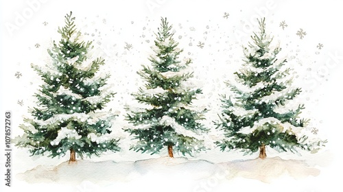 Watercolor Winter Landscape with Snow-Covered Evergreen Trees and Snowflakes