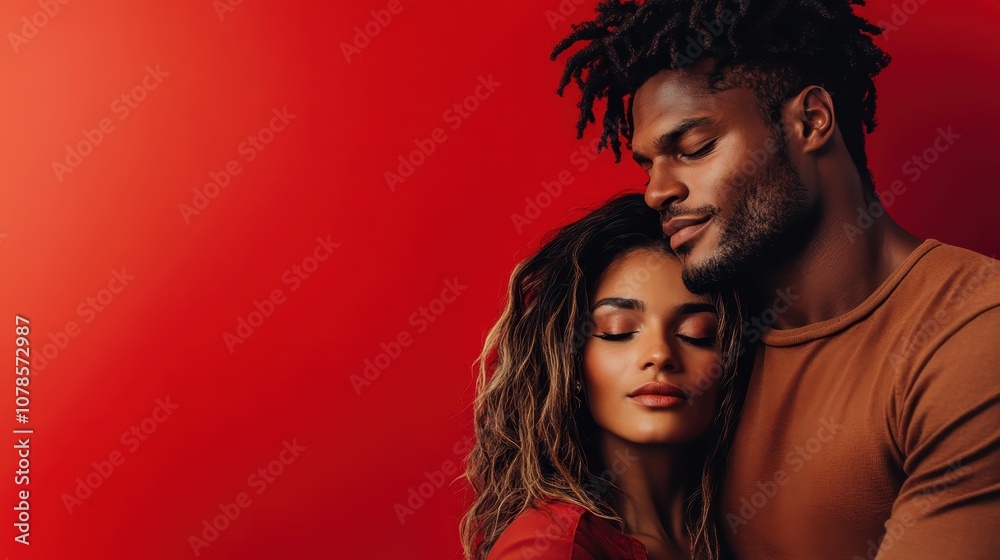 A tender moment shared by a couple in a warm embrace, set against a vivid red background, captured in a scene of intimacy and serene emotion.