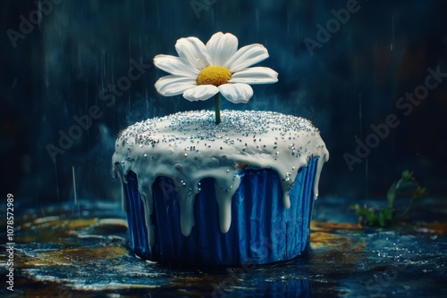 Blue frosted cupcake with a single white daisy and dripping icing on a dark surface blending whimsy and rustic charm for a unique celebratory theme photo