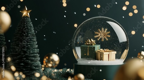 3D Christmas Snow Globe with Gift Box, Snowflake, and Xmas Tree on Festive Podium