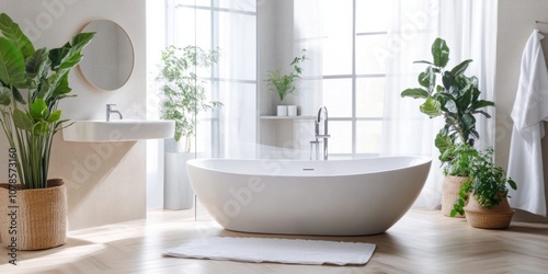 Elegant and sleek bathroom, muted white and beige shades, minimal white sink with oval mirror, luxurious soaking bathtub, clear glass shower, greenery decor, contrasting dark parquet flooring