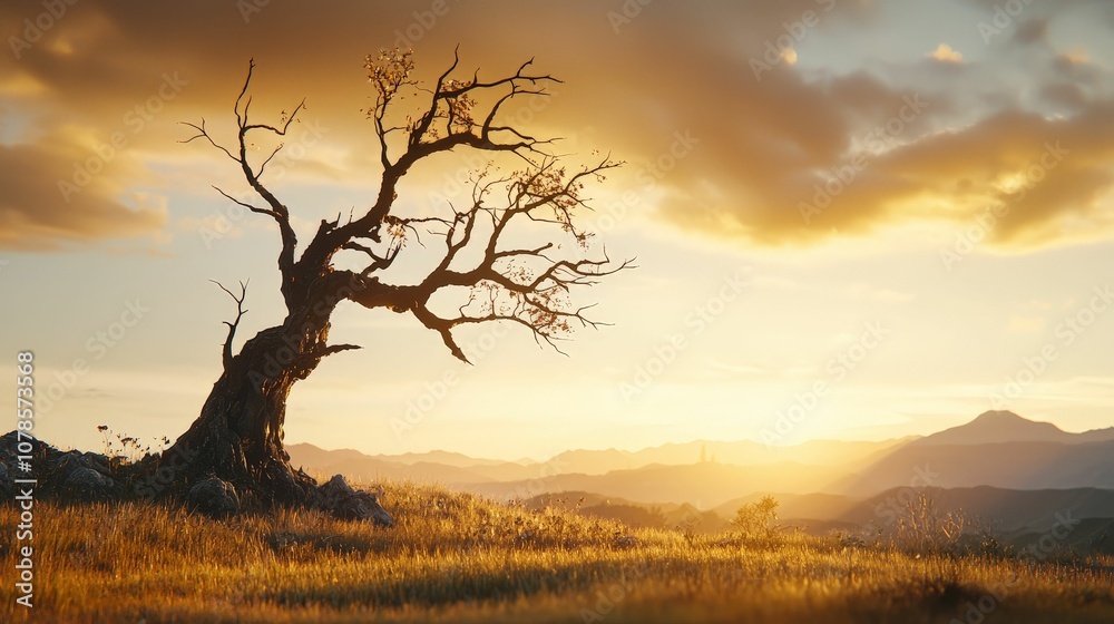 A solitary tree silhouetted against a stunning sunset, with mountains in the background and a serene grassy landscape. A solitary tree silhouetted against a stunning sunset, with mountains in the background and a serene grassy landscape.