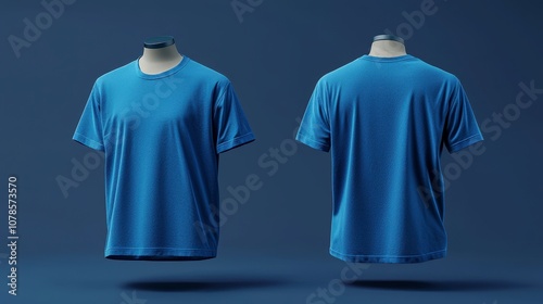 A vibrant blue t-shirt is shown from both the front and back, set against a complementary background, emphasizing its lively color and casual design. photo