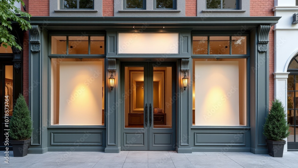 Realistic modern storefront mockup featuring classic moldings and vintage lighting, ideal for showcasing premium brands.