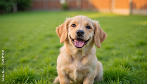 Happy golden retriever puppy sitting on green grass in garden. A smiling joyful little and cute puppy obeys his owner's commands. A puppy with a wide and beautiful smile and tongue out