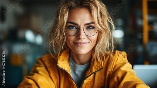 A young engineer with tousled hair and glasses in a yellow technical suit, radiates readiness and enthusiasm, ready to embark on innovative engineering projects.