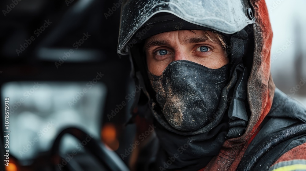 A fireman with a dust-covered helmet and mask peers intently from a vehicle, signifying readiness and commitment to braving harsh environments. A fireman with a dust-covered helmet and mask peers intently from a vehicle, signifying readiness and commitment to braving harsh environments.