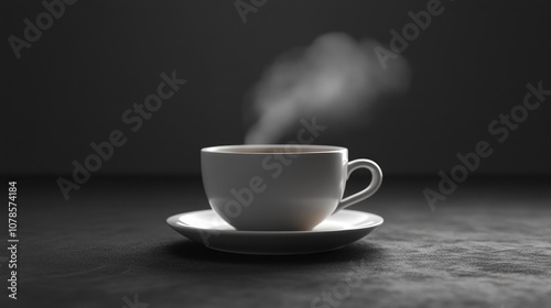 A white cup of steaming coffee on a saucer against a dark background.