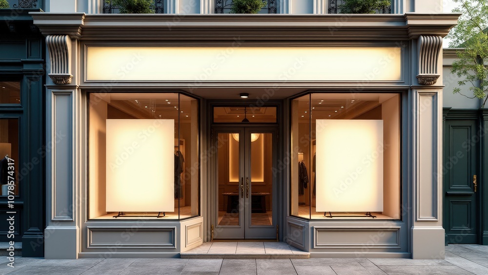 Storefront window mockup with large, clean window displays, perfect for showcasing products or posters in an elegant setting.