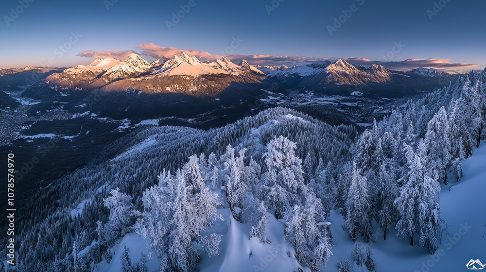 Obraz premium Panoramic Winter Landscape of Karawanks Mountains and Ski Touring in the Austrian Alps