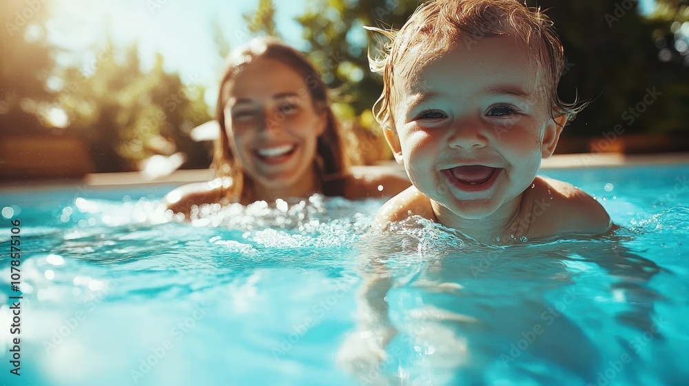 A happy, playful child with a joyous expression and their smiling mother in a pool, enjoying a sunny day together, capturing a moment of pure happiness and connection. A happy, playful child with a joyous expression and their smiling mother in a pool, enjoying a sunny day together, capturing a moment of pure happiness and connection.